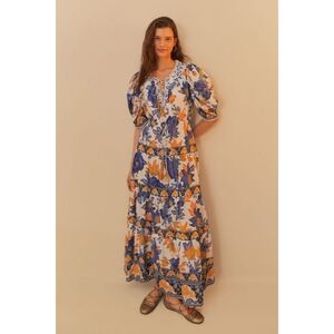 NWT Farm Rio Off-White Summer Flowers Beaded Tassels Maxi Dress